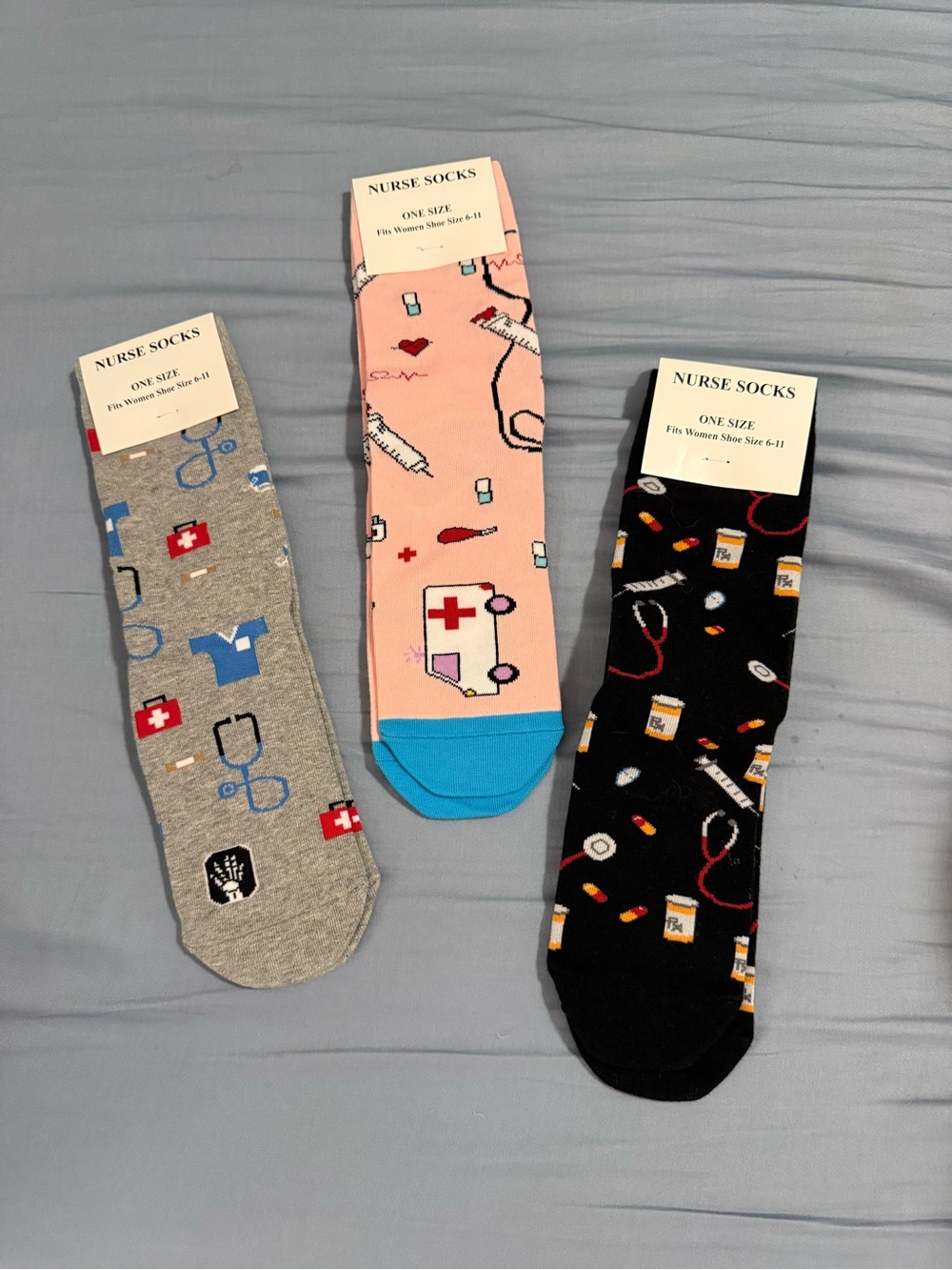 Nurse Socks - Assorted Medical Print Crew Socks (Pink, Gray, Black)
